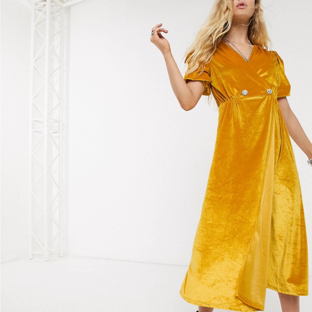 ASOS Design velvet midi dress with puff sleeves and rhinestone buttons SZ | 12